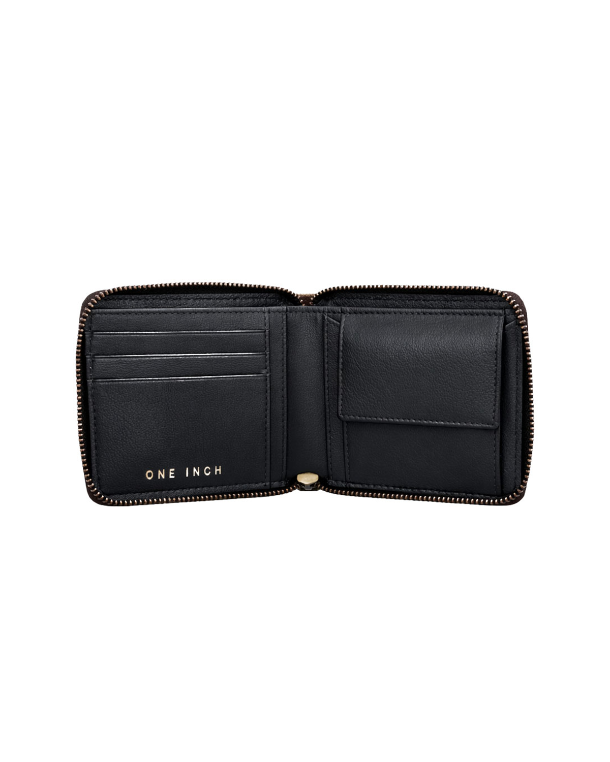 Inside view of a black leather zip-around wallet for men featuring multiple card slots, cash compartments, and a secure coin pocket. This premium zip wallet from a premium leather bag brand of India is designed for everyday organization and makes a thoughtful birthday gift, anniversary gift, or festive gift for him.