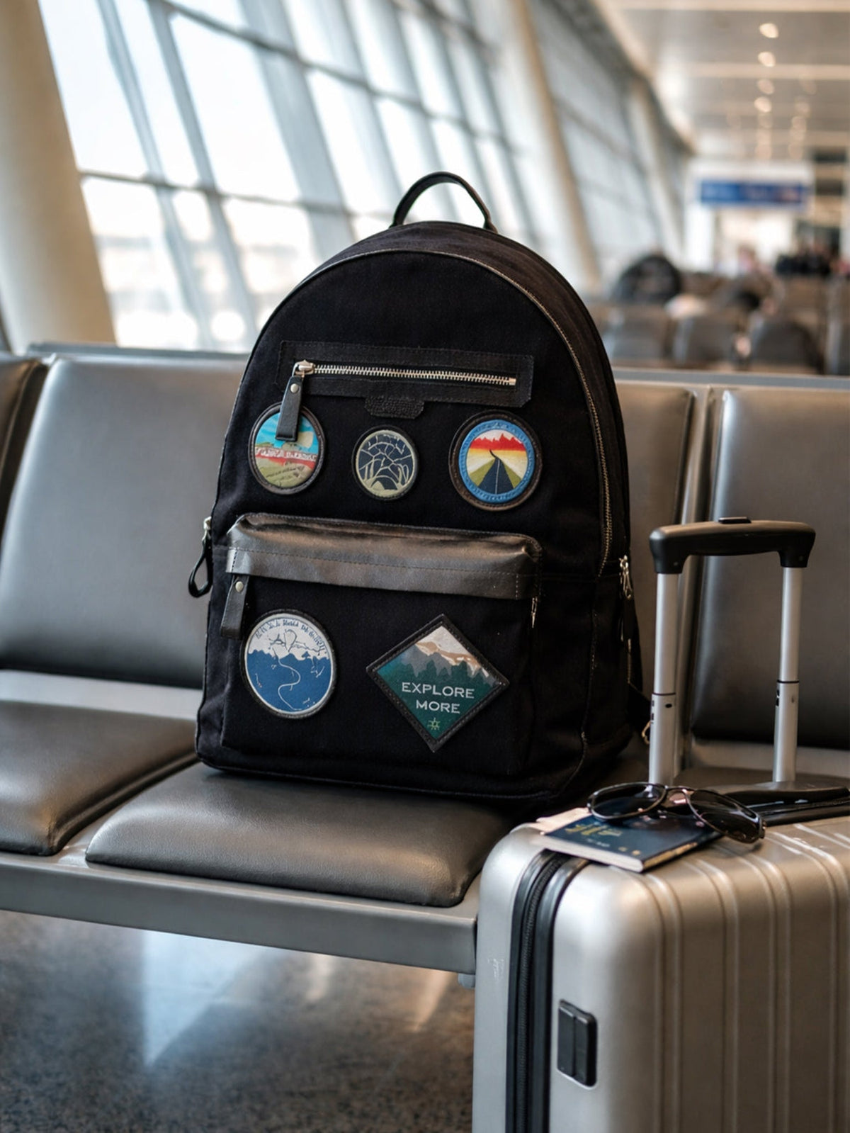 Nicobar brown canvas and reclaimed leather travel backpack with mountain, beach, sun, and moon-inspired embroidered badges, alongside a carry guide showing clothing, iPad, toiletry bag, diary, water bottle, and travel essentials.