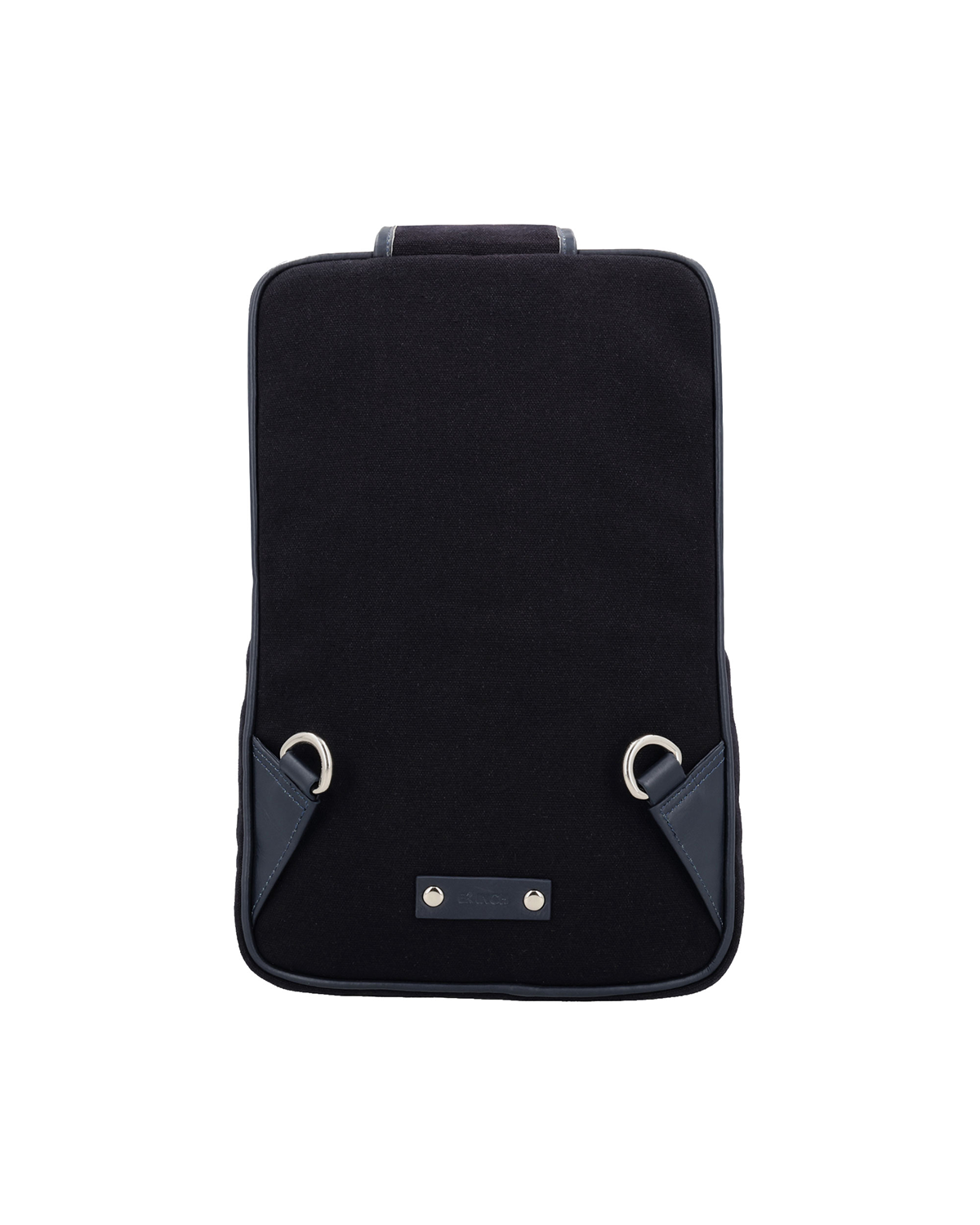 Black canvas and reclaimed leather mini crossbody backpack with padded shoulder pad, adjustable strap, iPad sleeve, and ergonomic design for everyday carry, silver nickel fittings