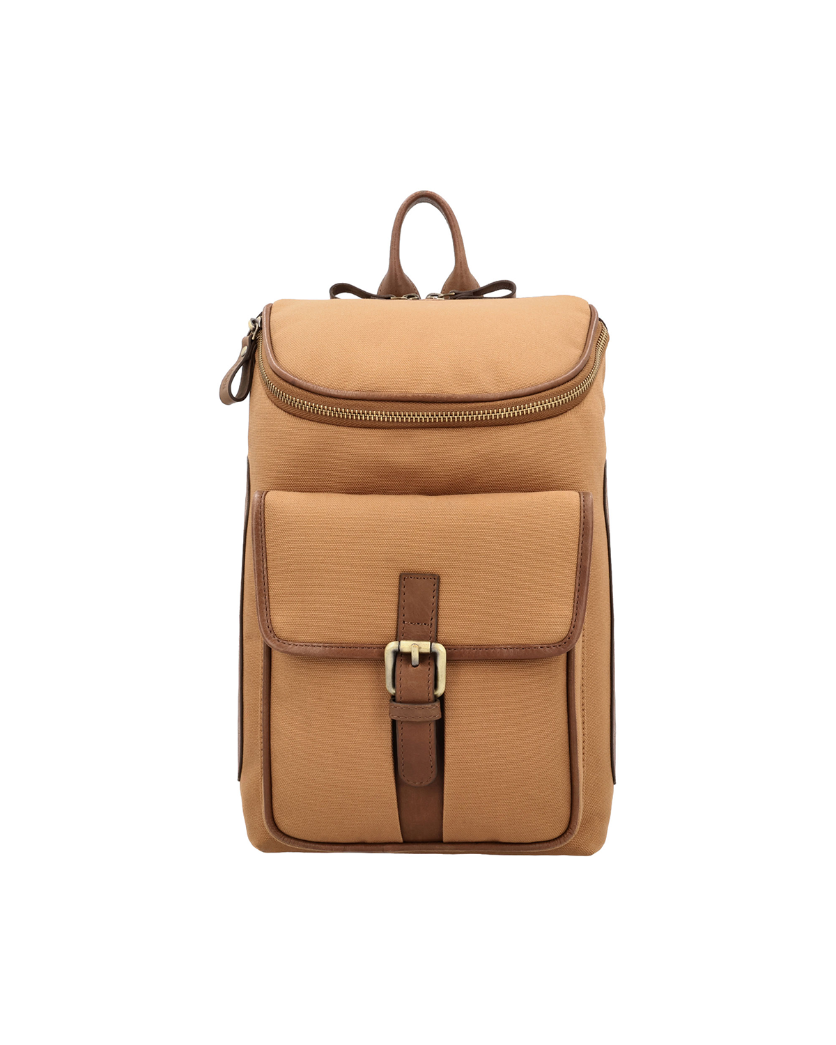 Tan canvas and reclaimed leather mini backpack with magnetic flap, antique buckle loops, front pocket, iPad sleeve, and single shoulder strap.