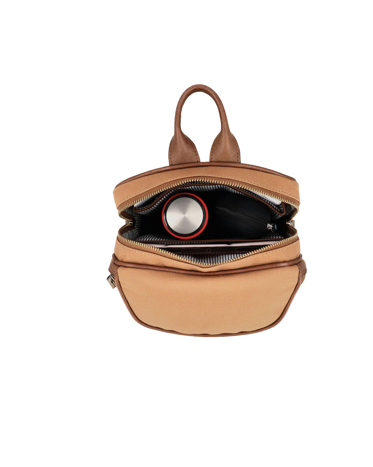 Tan canvas and reclaimed leather mini crossbody backpack with Two Separate zipper compartment for iPad, water bottle, inside Padded pocket for iPad sleeve, and ergonomic design for everyday carry.