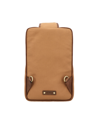 Tan Canvas reclaimed leather antique finish fittings minimal design single shoulder mini backpack for men by studio ek inch