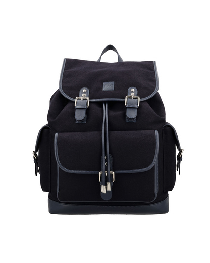 studio ek inch Navy drawstring backpack with flap and magnetic closure, front iPad pocket, side pockets for charger and power bank.