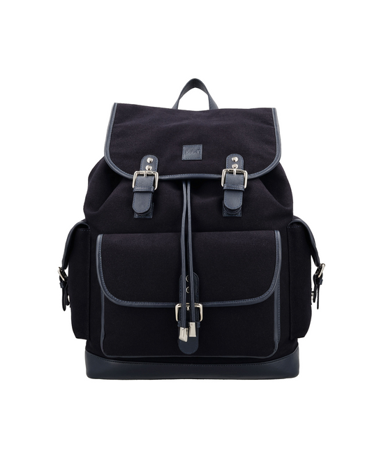 studio ek inch Navy drawstring backpack with flap and magnetic closure, front iPad pocket, side pockets for charger and power bank.