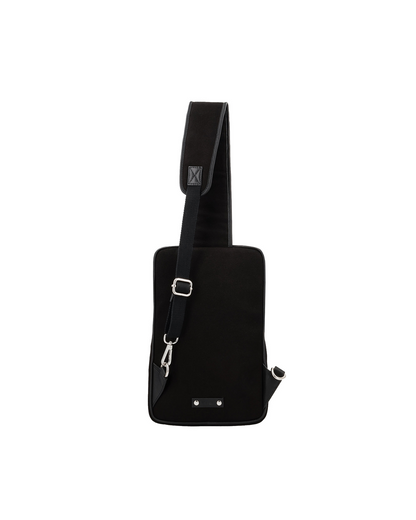 Black canvas and reclaimed leather crossbody backpack for men with Silver Nickel dog hook, padded shoulder pad, adjustable strap, and embossed leather logo patch.