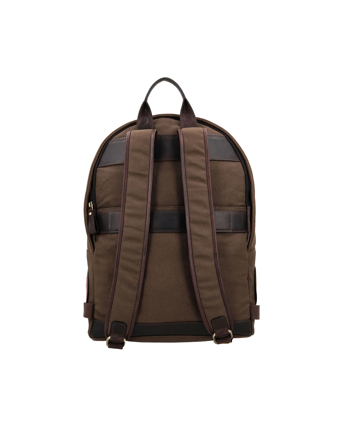 brown canvas reclaimed leather backpack with comfortable padded shoulder straps and a separate hidden pocket for a diary and small accessories and strap for trolley