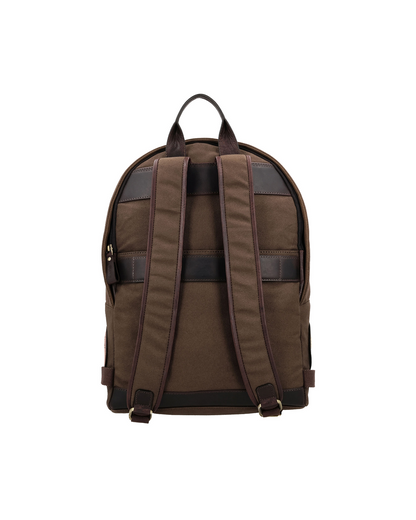 brown canvas reclaimed leather backpack with comfortable padded shoulder straps and a separate hidden pocket for a diary and small accessories and strap for trolley