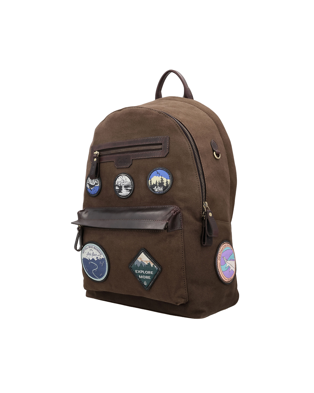 Brown canvas and reclaimed leather backpack with travel-inspired embroidered leather patches, two zip pockets for a passport, iPad, earphones, and small accessories.