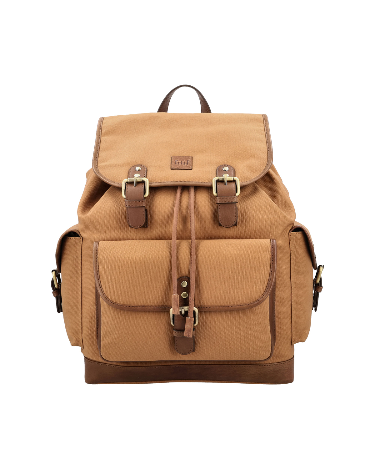 Tan & brown drawstring backpack by studio ek inch with flap and magnetic closure, front iPad pocket, side pockets for charger and power bank.