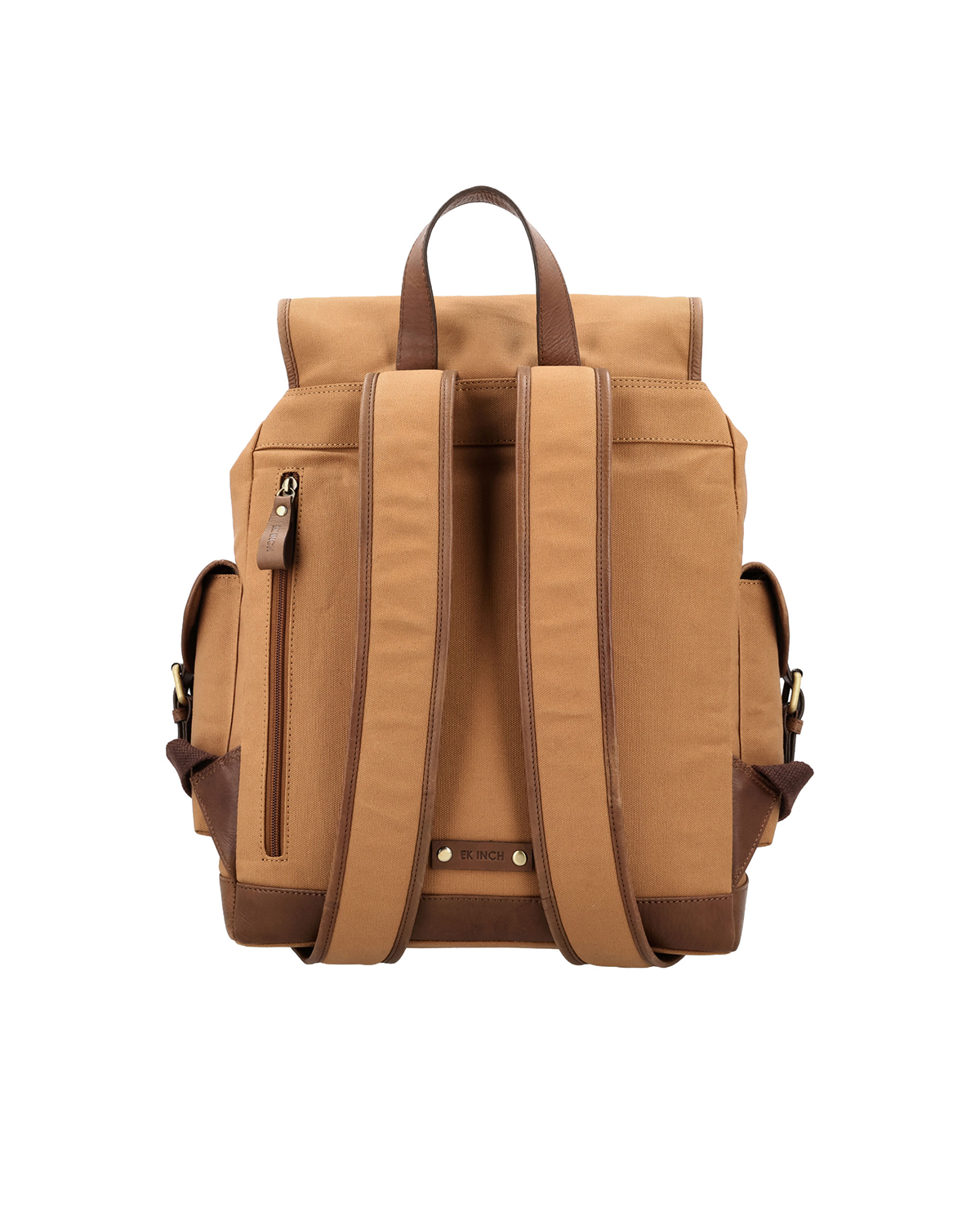 Tan and brown drawstring backpack with comfortable padded shoulder straps and a separate zip pocket for a diary by studio ek inch.