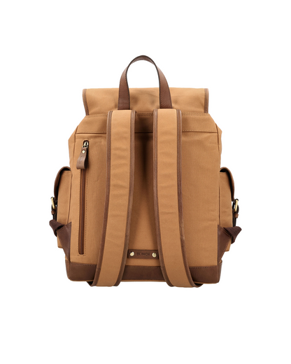 Tan and brown drawstring backpack with comfortable padded shoulder straps and a separate zip pocket for a diary by studio ek inch.
