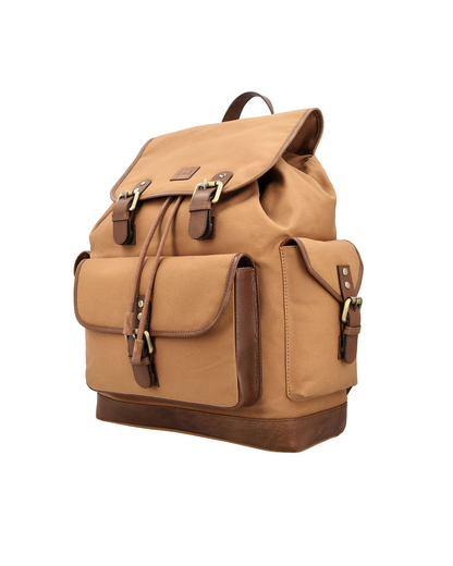 Tan &  brown drawstring backpack with flap and magnetic closure, front iPad pocket, side pockets for charger and power bank.