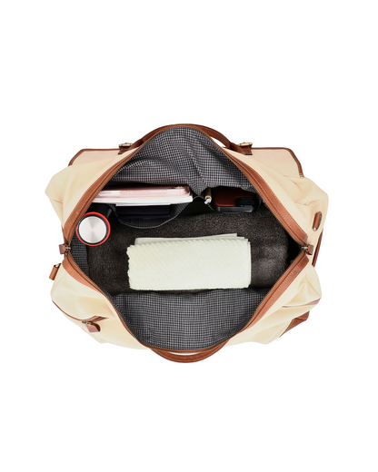 Open Rohtang Weekender cream beige canvas and reclaimed leather travel Hold all bag with checked cotton lining, organized compartments, laptop sleeve, clothing, water bottle, and travel essentials for business travel