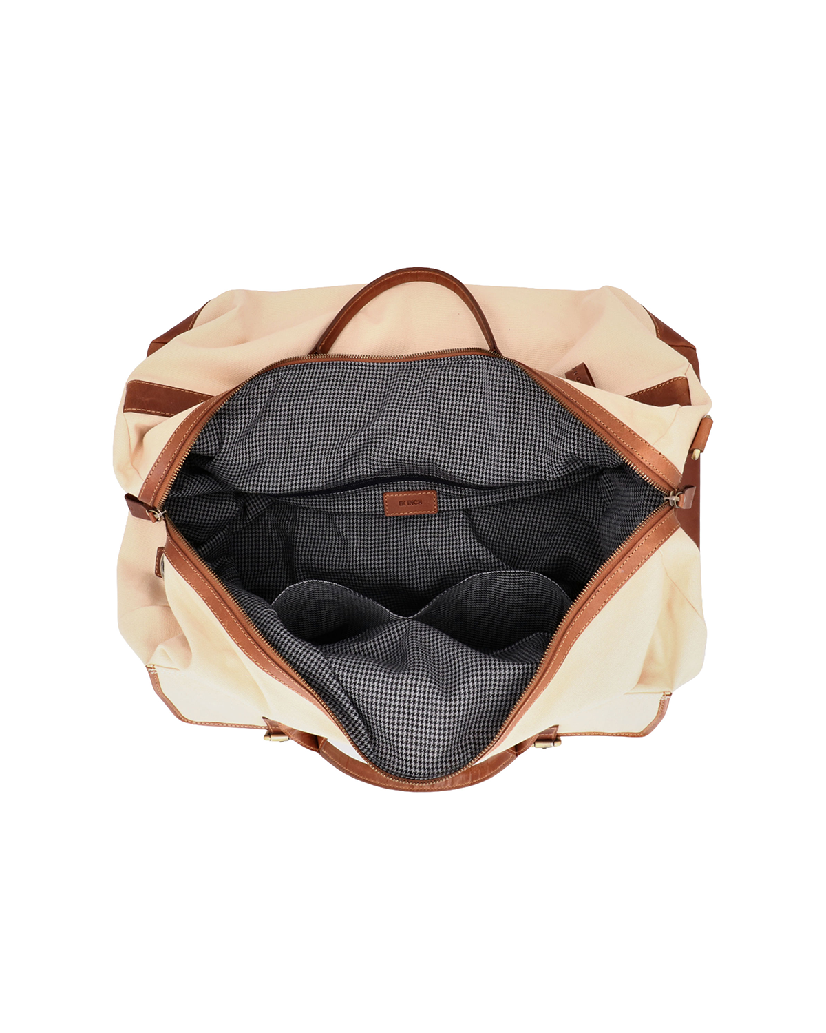 Open Rohtang Weekender cream beige canvas and reclaimed leather travel duffle bag with checked cotton lining, leather trim, zip closure, and organized interior compartments.