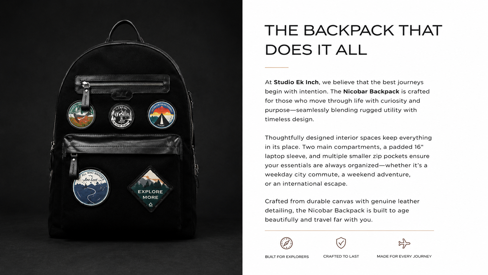 Studio Ek Inch Nicobar backpack in navy waterproof canvas with utility pockets and travel-inspired patches, displayed on a stack of books. Designed as a premium travel backpack and rucksack for men, it combines durable craftsmanship with everyday functionality and vintage aesthetics.