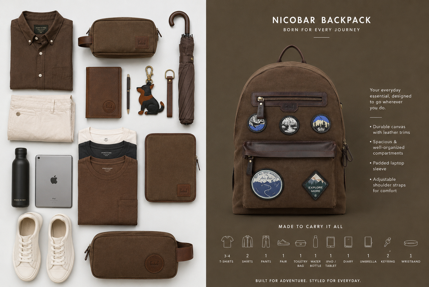 Nicobar brown canvas and reclaimed leather travel backpack with mountain, beach, sun, and moon-inspired embroidered badges, a carry guide showing clothing, iPad, toiletry bag, diary, water bottle, and travel essentials.