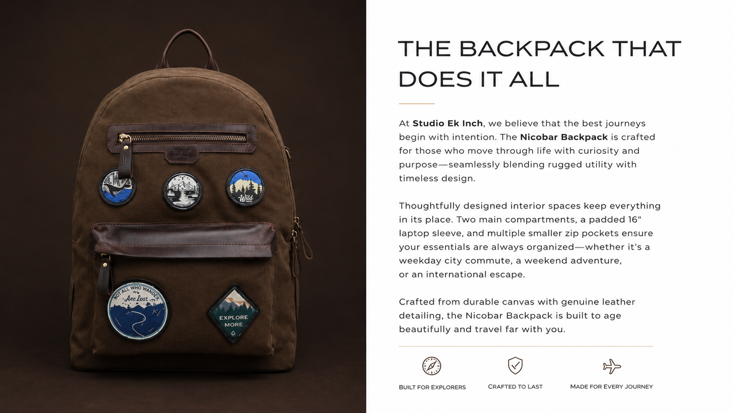 Brown backpack with patches on a dark background, travel inspired backpack mountain, beaches inspired backpack