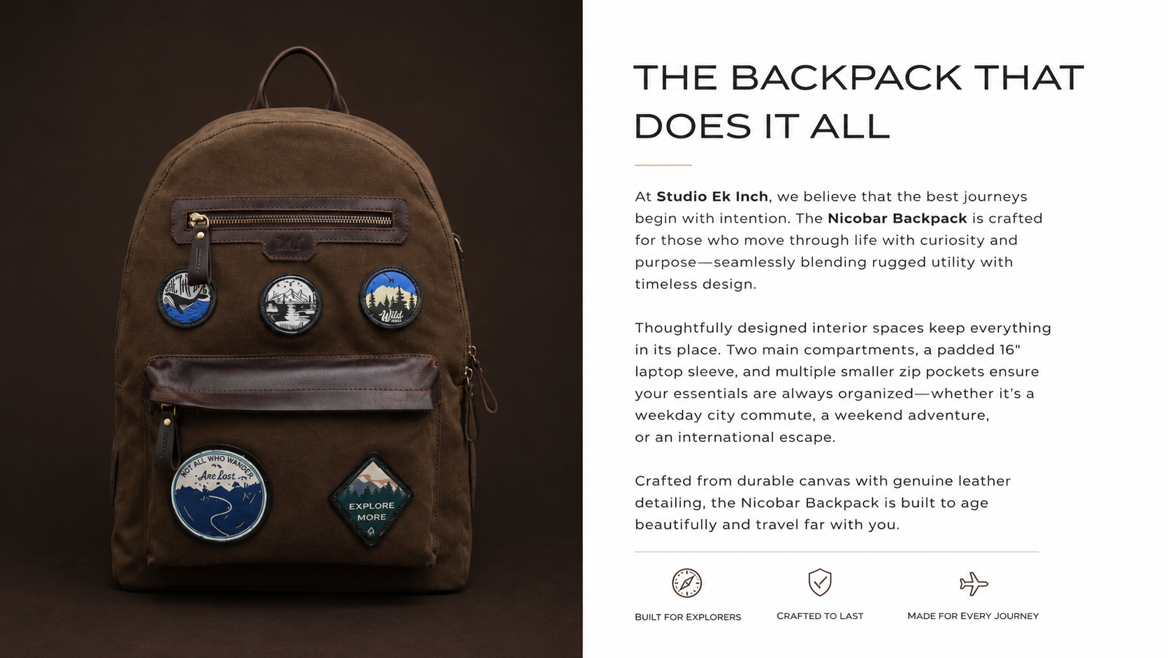 Brown backpack with patches on a dark background, travel inspired backpack mountain, beaches inspired backpack