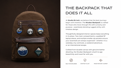 Brown backpack with patches on a dark background, travel inspired backpack mountain, beaches inspired backpack