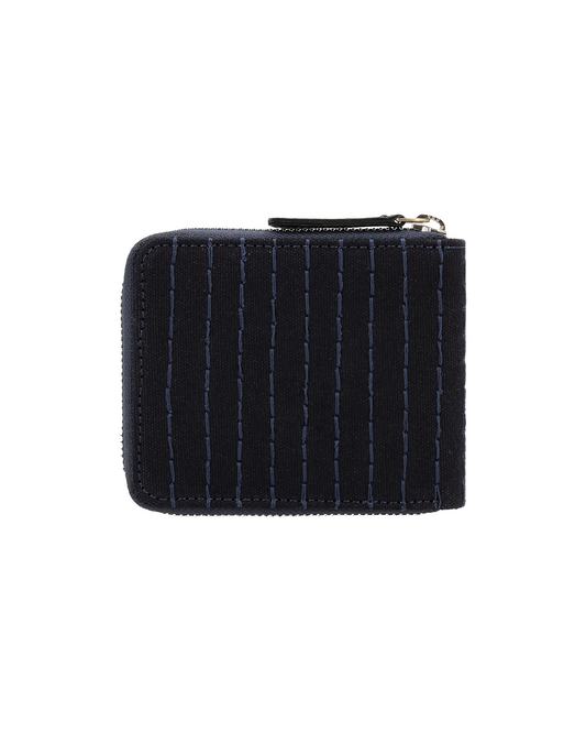 black canvas and leather zip-around wallet for men featuring handcrafted Kantha embroidery stitch detailing and a secure zipper closure. This premium zip wallet from a premium leather bag brand of India offers compact storage for cash and cards and makes a thoughtful birthday gift, anniversary gift, or festive gift for him.