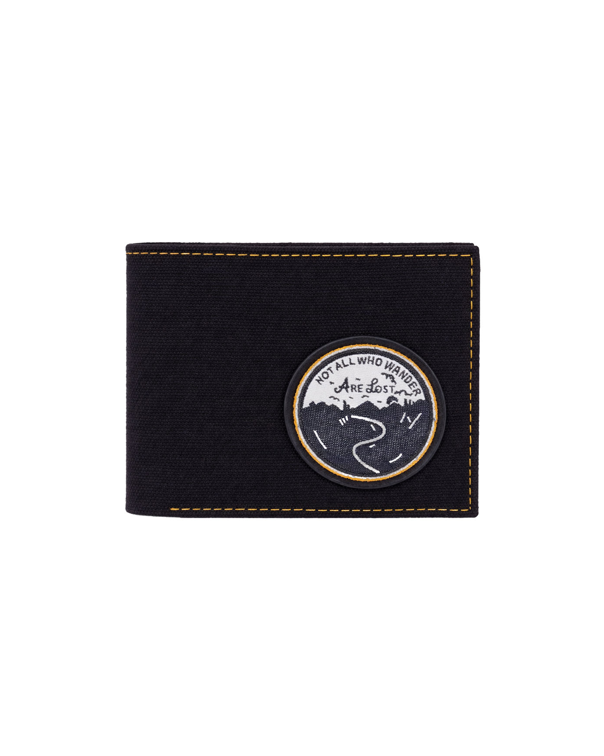 Black canvas and leather billfold wallet for men featuring a travel-inspired embroidered patch, designed as a slim everyday wallet with handcrafted details. This premium men's wallet from a premium leather bag brand of India is ideal for travel enthusiasts and makes a thoughtful birthday gift, anniversary gift, or festive gift for him.