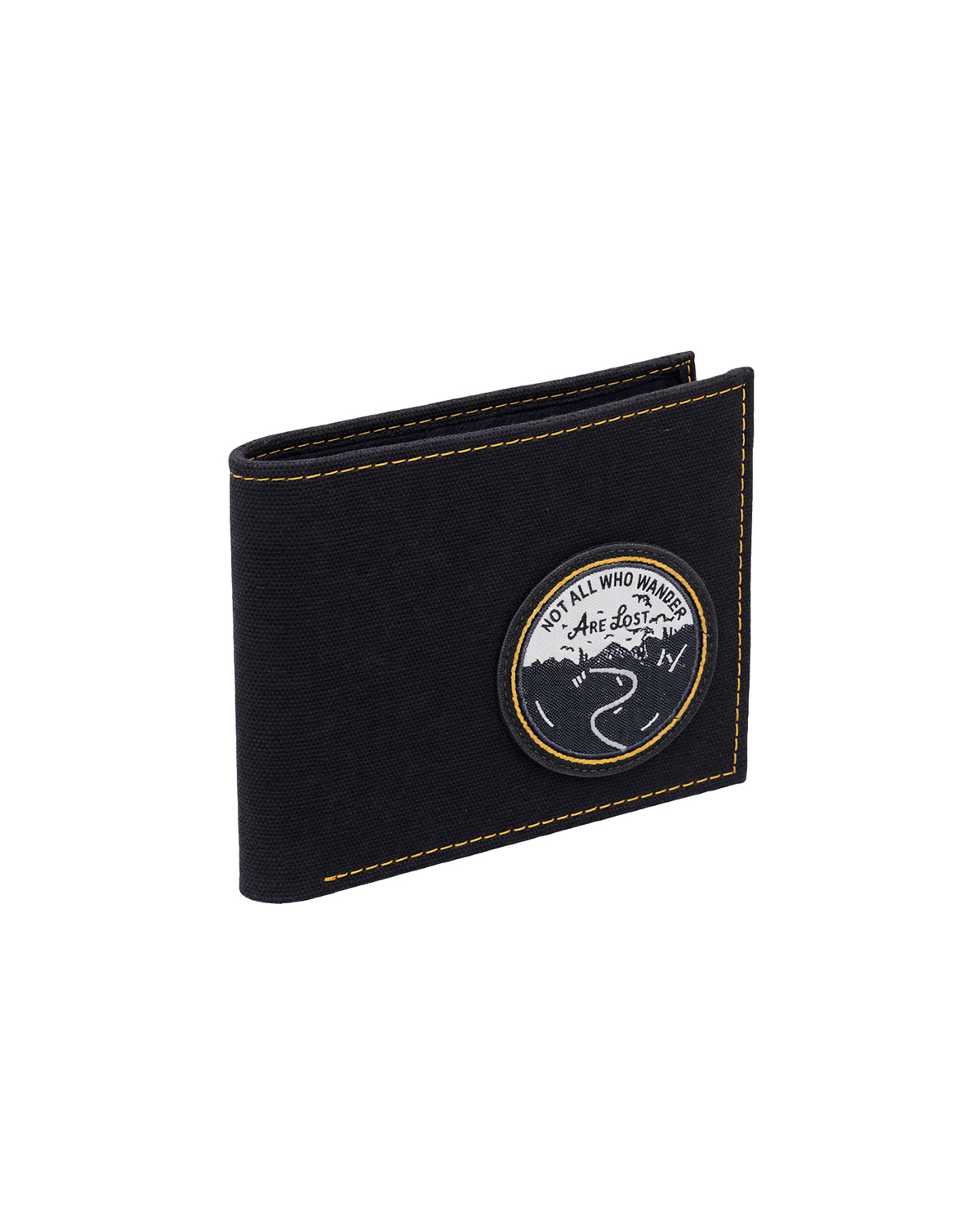 Black canvas and leather billfold wallet for men featuring a travel-inspired embroidered patch, designed as a slim everyday wallet with handcrafted details. This premium men's wallet from a premium leather bag brand of India is perfect for travel enthusiasts and makes a thoughtful birthday gift, anniversary gift, or festive gift for him.
