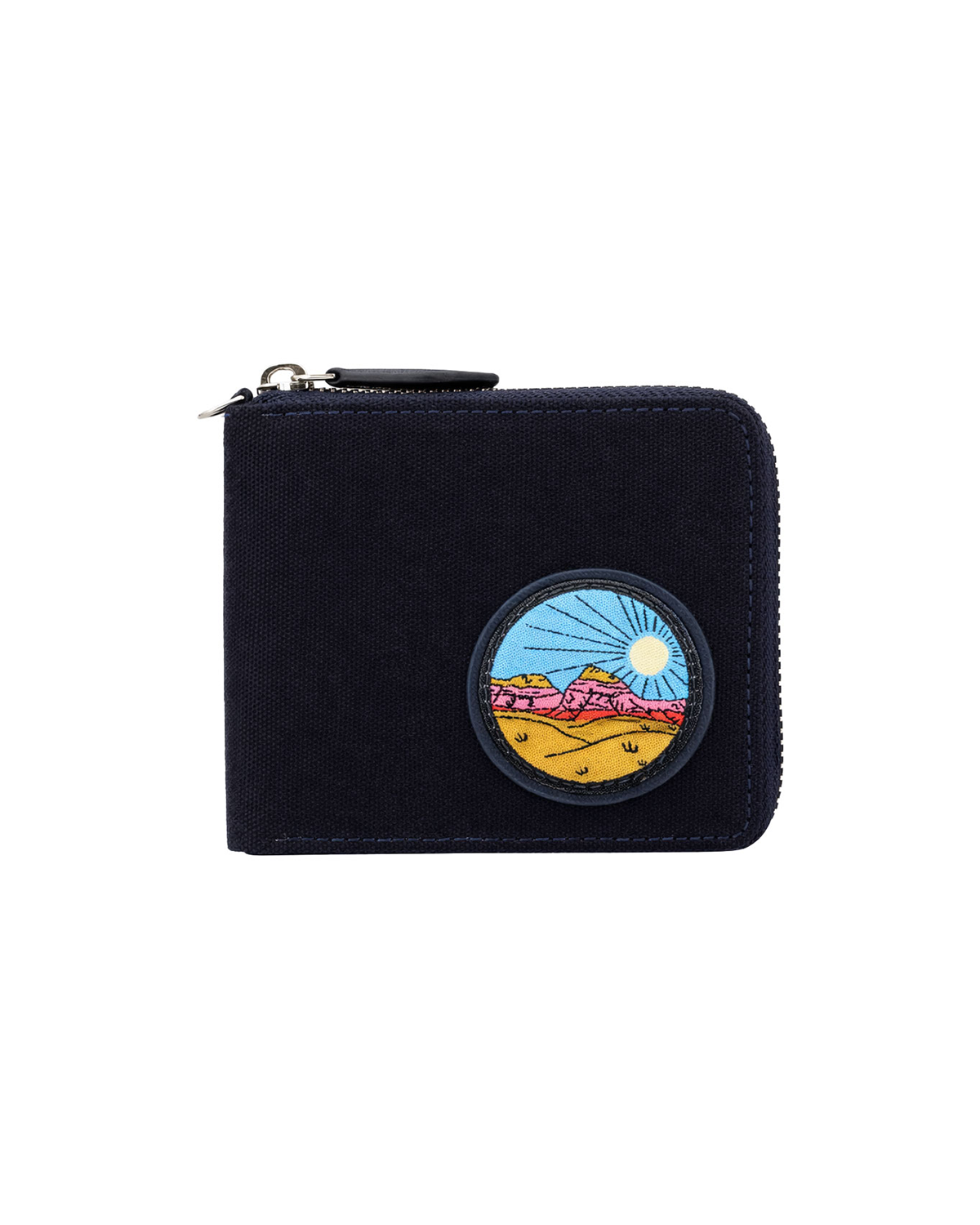 Black canvas and leather zip-around wallet for men featuring a colorful travel-inspired embroidered patch and secure zipper closure. This premium zip wallet from a premium leather bag brand of India offers compact storage for cash and cards, making it an ideal birthday gift, anniversary gift, or festive gift for him.