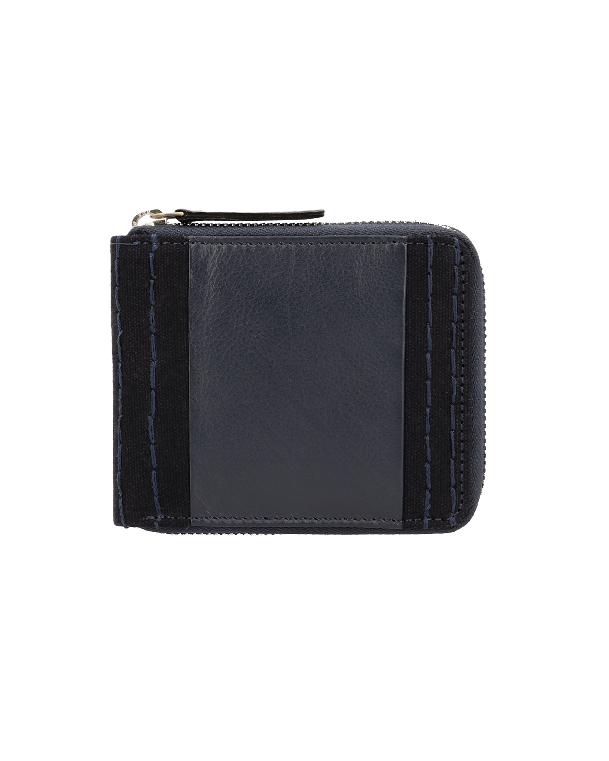 Black leather and canvas zip-around wallet for men featuring a compact design with contrasting leather panels and secure zipper closure. This premium zip wallet from a premium leather bag brand of India is crafted for everyday organization and makes a thoughtful birthday gift, anniversary gift, or festive gift for him.