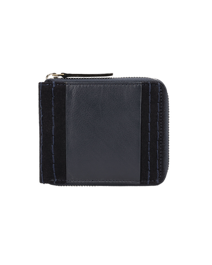 Black leather and canvas zip-around wallet for men featuring a compact design with contrasting leather panels and secure zipper closure. This premium zip wallet from a premium leather bag brand of India is crafted for everyday organization and makes a thoughtful birthday gift, anniversary gift, or festive gift for him.