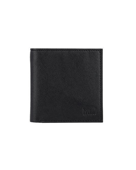 Black leather mini billfold wallet for men with a compact and minimalist design, crafted from genuine leather for everyday use. This premium mini wallet from a premium leather bag brand of India makes a thoughtful birthday gift, anniversary gift, or festive gift for him.
