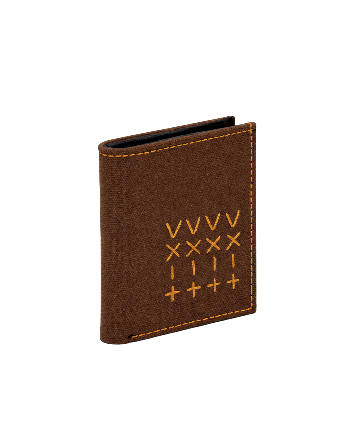Brown canvas and leather mini wallet for men with handcrafted embroidery details, designed as a compact everyday wallet and premium gift for men. This handcrafted wallet from a premium leather bag brand of India is ideal as a birthday gift, anniversary gift, or festive gift for him.