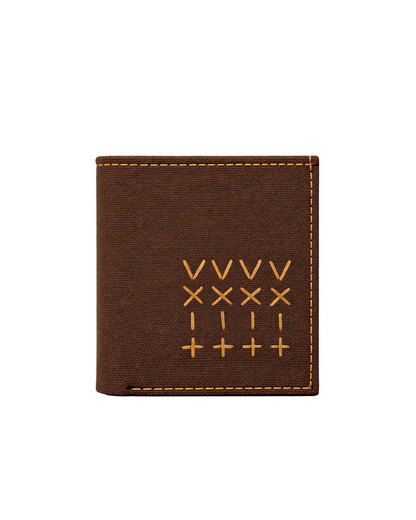 Brown canvas and leather mini wallet for men with handcrafted embroidery, designed as a compact everyday wallet and thoughtful gift for men. A premium men's wallet from a premium leather bag brand of India, ideal as a birthday gift, anniversary gift, or festive gift for him.