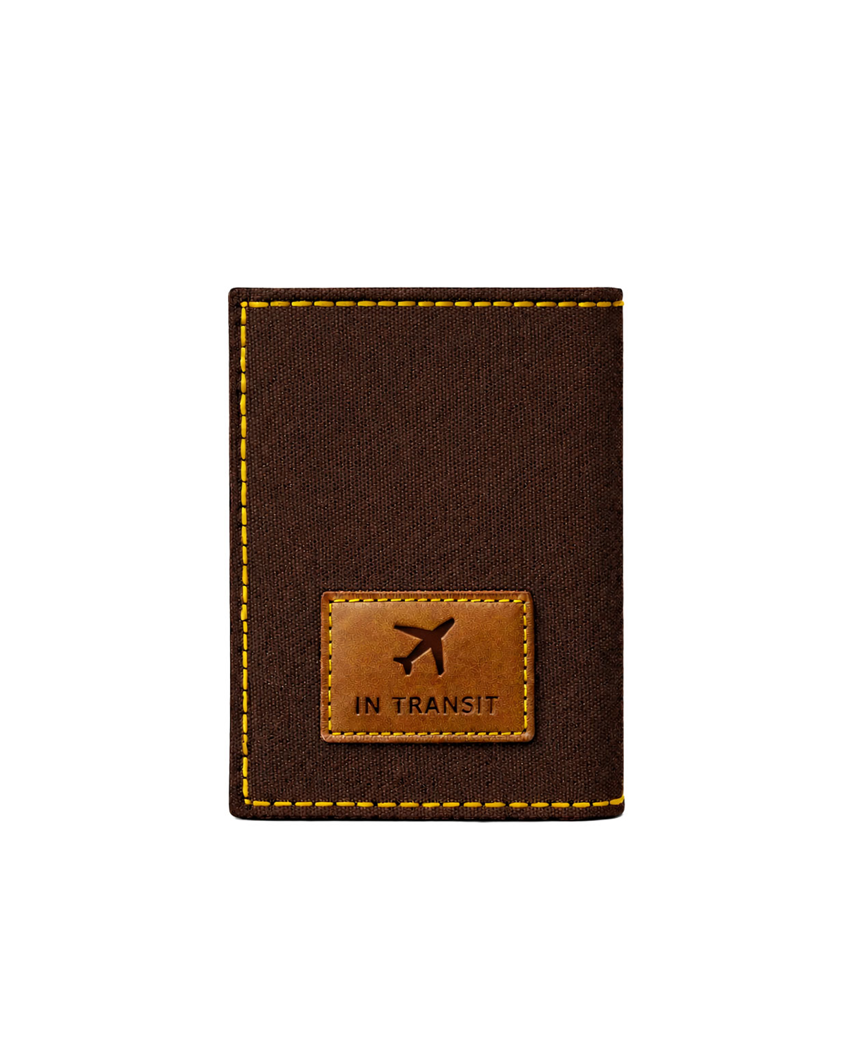 Brown canvas and leather passport cover for men featuring the "In Transit" travel patch, designed as a premium travel accessory for carrying passports and essential documents. This handcrafted passport holder from a premium leather bag brand of India makes a thoughtful gift for men, perfect for birthdays, anniversaries, and frequent travelers.