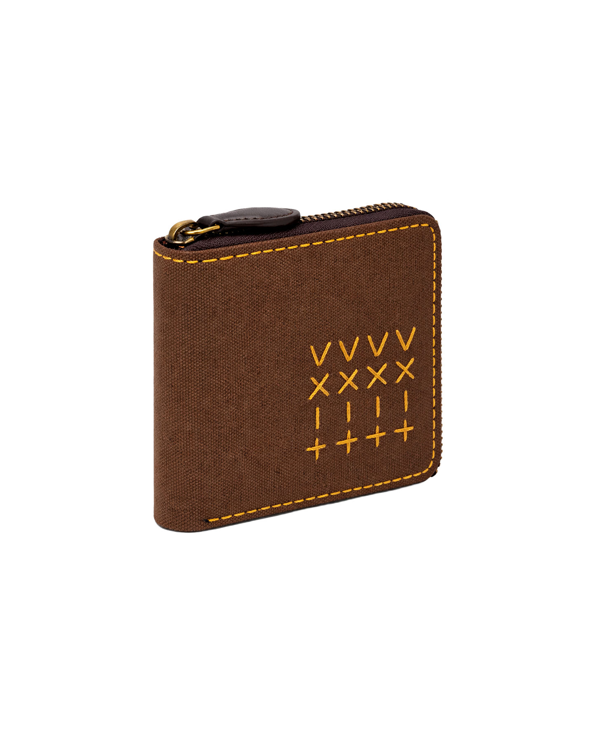 Brown canvas and leather zip-around wallet for men shown in an angled view, featuring handcrafted embroidery and a secure zipper closure. This premium men's wallet from a premium leather bag brand of India is designed for everyday carry and makes a thoughtful birthday gift, anniversary gift, or festive gift for him.