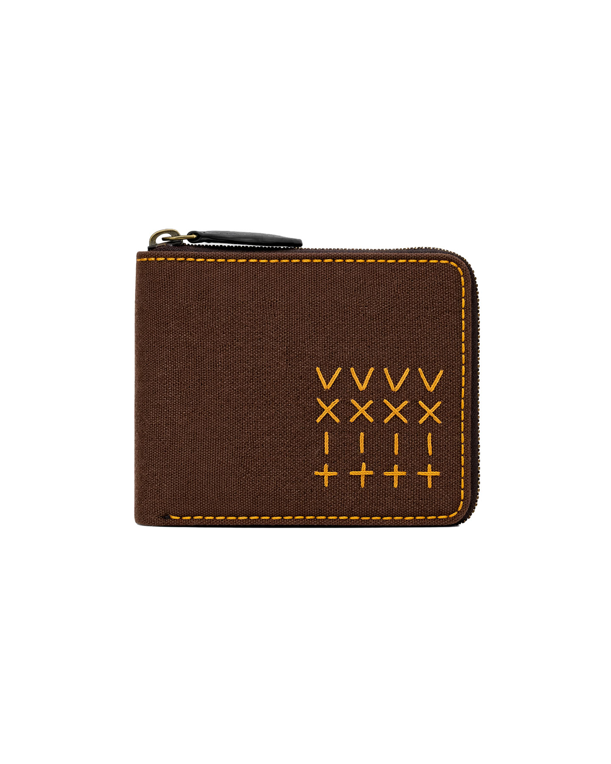 Brown canvas and leather zip-around wallet for men with handcrafted embroidery, designed as a premium everyday wallet with secure zip closure. This handcrafted men's wallet from a premium leather bag brand of India makes an ideal birthday gift, anniversary gift, or festive gift for him.