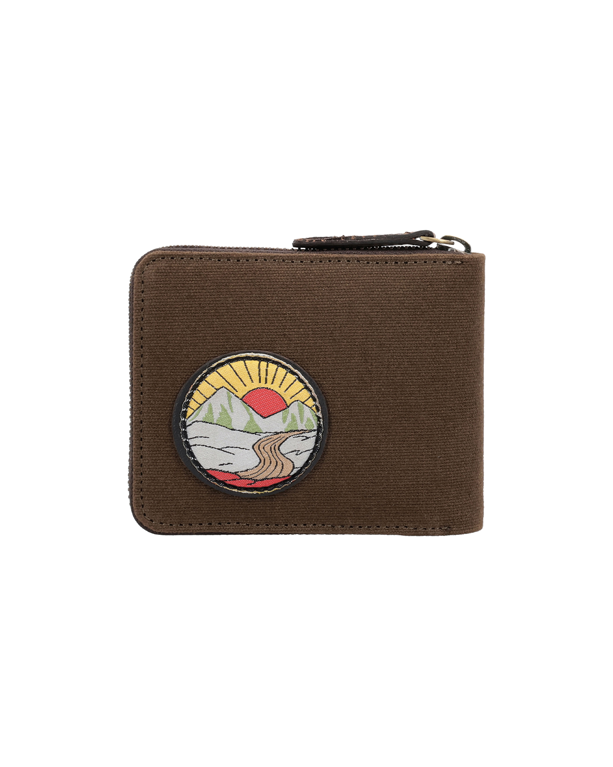 Brown canvas and leather zip-around wallet for men featuring a travel-inspired embroidered patch, designed as a premium everyday wallet with secure zipper closure. This handcrafted men's wallet from a premium leather bag brand of India makes a thoughtful birthday gift, anniversary gift, or festive gift, gift for those who love travelling.