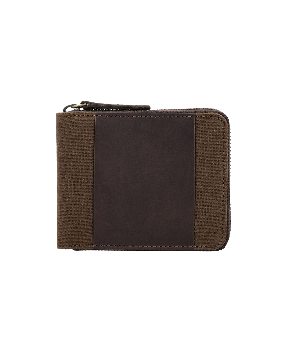 Rear view of a brown canvas and leather zip-around wallet for men featuring a minimalist leather panel and secure zipper closure. This handcrafted men's wallet from a premium leather bag brand of India is designed for everyday use and makes an ideal birthday gift, anniversary gift, or festive gift for him.