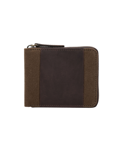 Rear view of a brown canvas and leather zip-around wallet for men featuring a minimalist leather panel and secure zipper closure. This handcrafted men's wallet from a premium leather bag brand of India is designed for everyday use and makes an ideal birthday gift, anniversary gift, or festive gift for him.