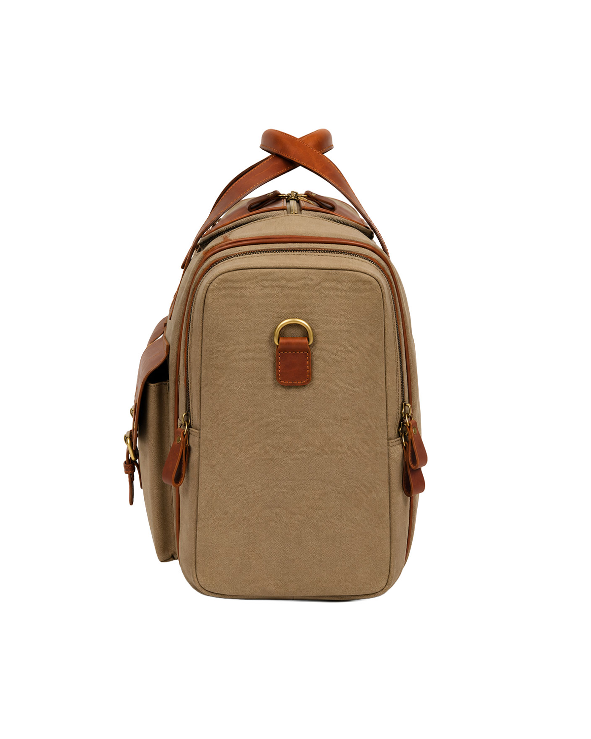Side view of the Studio Ek Inch Ladakh expandable canvas and leather duffle bag, featuring expandable zip compartments, premium reclaimed leather trims and brass hardware. This premium weekender bag is designed for airport travel, road trips and overnight journeys by one of India's premium duffle bag brands.