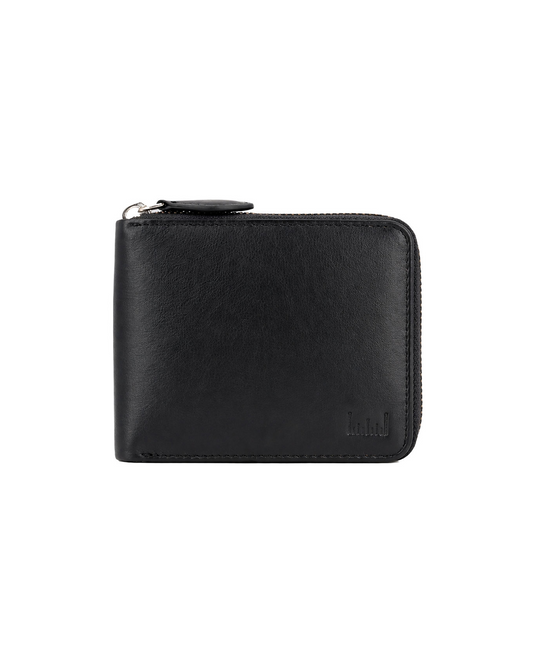 Drift premium leather zip-around wallet for men in black, featuring a minimalist design and secure zipper closure for carrying cash, cards, and everyday essentials. Crafted from genuine leather by a premium brand of leather wallets & passport cover in India, this compact men's wallet makes a thoughtful birthday gift, anniversary gift, or festive gift for him.