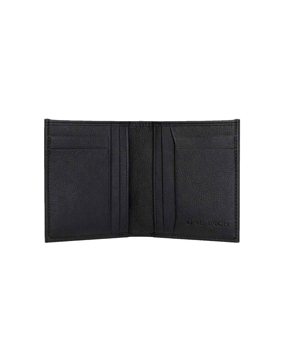 Inside view of a black leather mini billfold wallet for men featuring multiple card slots and compact compartments for cash and essentials. This premium mini wallet from a premium leather bag brand of India combines functionality with a slim design and makes a thoughtful birthday gift, anniversary gift, or festive gift for him.