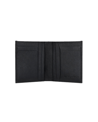 Inside view of a black leather mini billfold wallet for men featuring multiple card slots and compact compartments for cash and essentials. This premium mini wallet from a premium leather bag brand of India combines functionality with a slim design and makes a thoughtful birthday gift, anniversary gift, or festive gift for him.