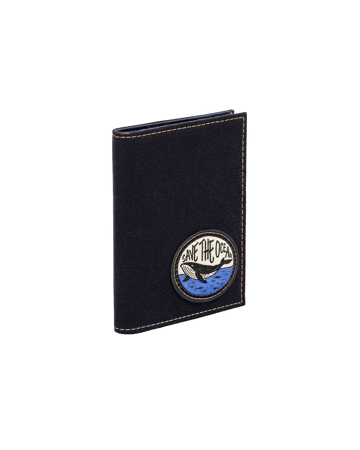 Gokarna premium leather travel passport holder in black canvas and leather featuring a marine-inspired embroidered patch, crafted to organize passports and travel documents in style. This luxury passport case from a premium leather bag brand of India is designed for frequent travelers and makes a thoughtful birthday gift, anniversary gift, or festive gift for him.