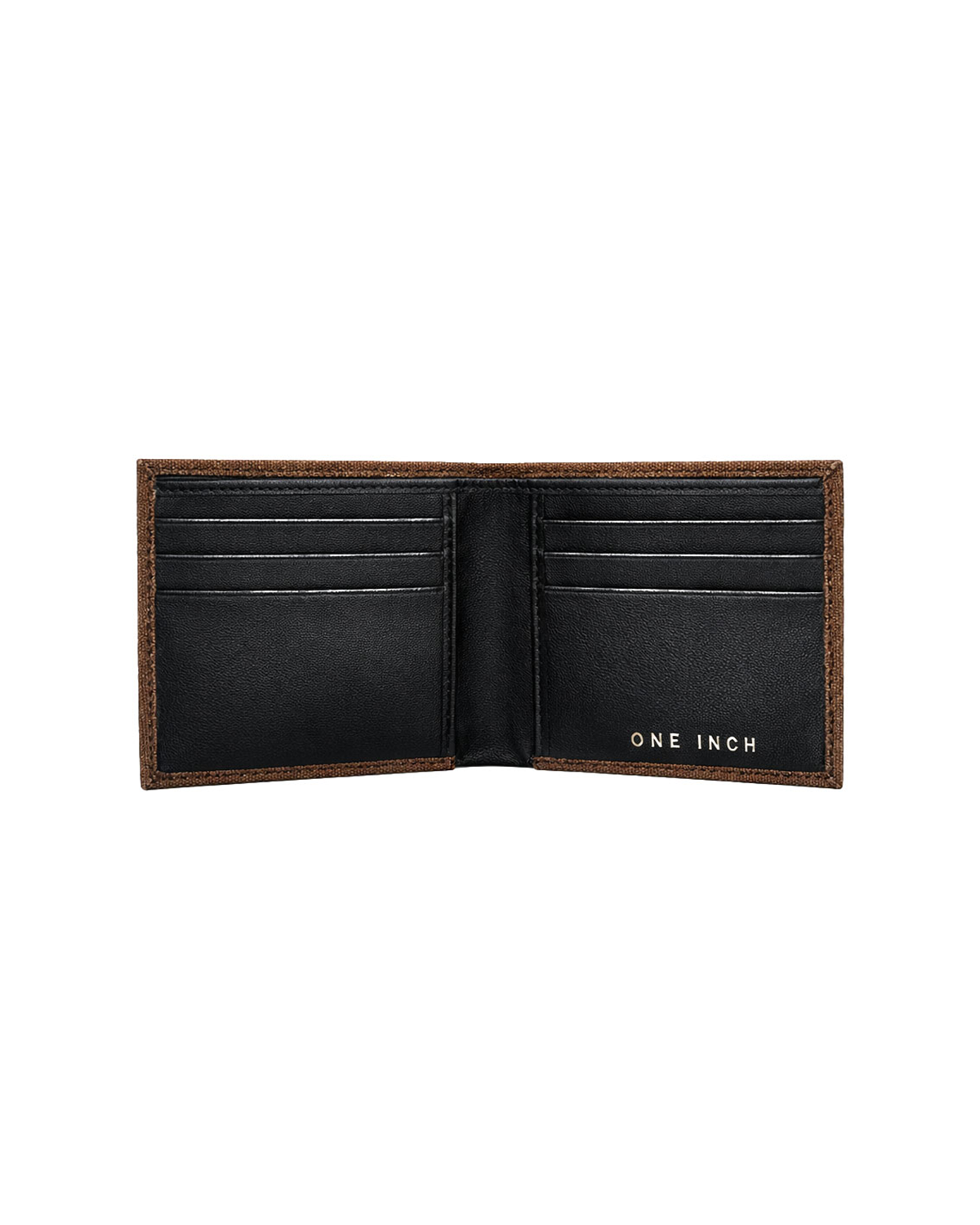 Inside view of a black canvas and leather billfold wallet for men featuring multiple card slots and genuine leather compartments for everyday organization. This premium men's wallet from a premium leather bag brand of India is designed for carrying cards and cash and makes a thoughtful birthday gift, anniversary gift, or festive gift for him.
