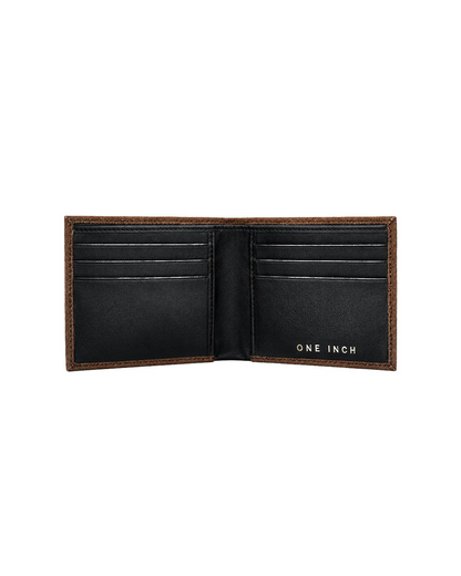 Inside view of a black canvas and leather billfold wallet for men featuring multiple card slots and genuine leather compartments for everyday organization. This premium men's wallet from a premium leather bag brand of India is designed for carrying cards and cash and makes a thoughtful birthday gift, anniversary gift, or festive gift for him.
