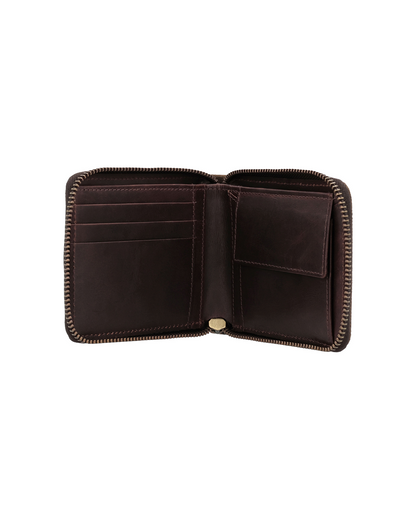 brown leather zip-around wallet for men featuring multiple card slots, cash compartments, and a coin pocket with secure zipper closure. This premium leather wallet from a premium leather bag brand of India is designed for everyday organization and makes an ideal birthday gift, anniversary gift, or festive gift for him.