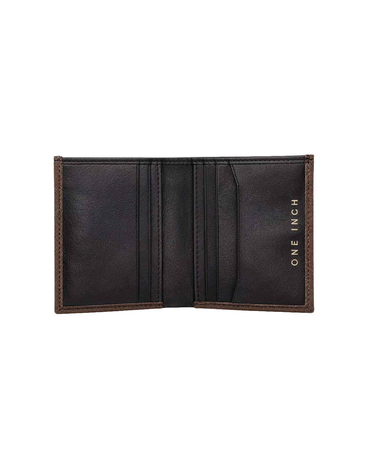 Inside view of a compact canvas and leather mini wallet for men featuring multiple card slots and cash compartments in genuine leather. This premium men's wallet from a premium leather bag brand of India is designed for everyday carry and makes a thoughtful birthday gift, anniversary gift, or festive gift for him