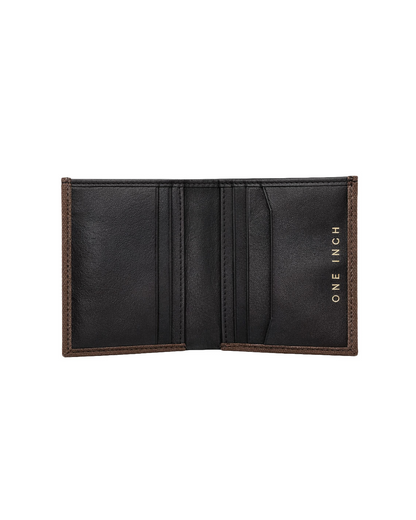 Inside view of a compact canvas and leather mini wallet for men featuring multiple card slots and cash compartments in genuine leather. This premium men's wallet from a premium leather bag brand of India is designed for everyday carry and makes a thoughtful birthday gift, anniversary gift, or festive gift for him