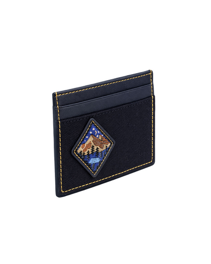 EXPLORER SERIES Kalpa navy canvas card case with multiple card slots, contrast yellow stitching and embroidered mountain artwork, a compact everyday wallet and thoughtful gift for men and women who love travel and the outdoors.
