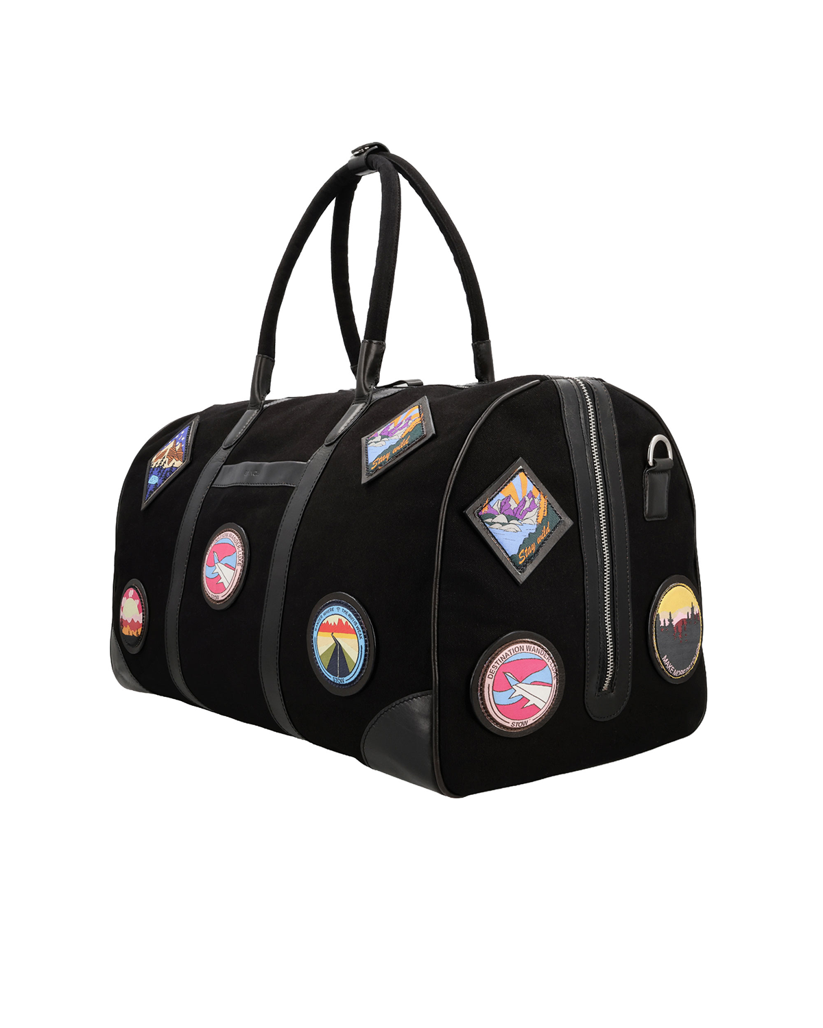 Studio Ek Inch Kasol weekender holdall bag in black canvas and reclaimed leather, featuring handcrafted travel-inspired patches, premium leather trims and spacious compartments. This premium canvas and leather duffle bag is designed for weekend getaways, airport travel and overnight journeys by one of India's premium bag brands.